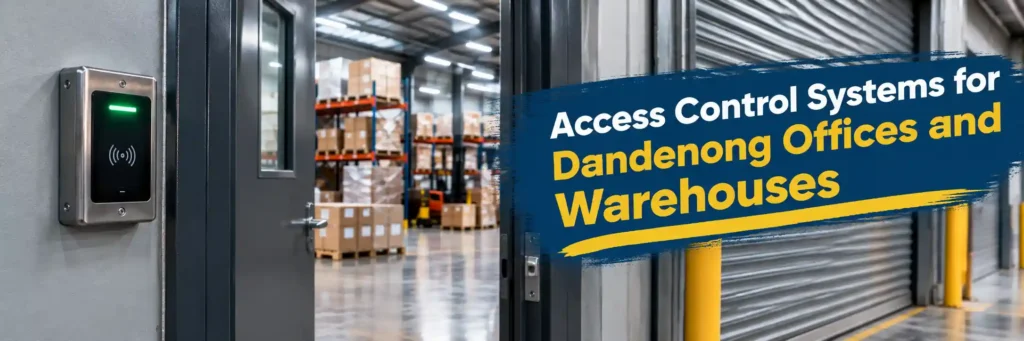 Access control reader with green indicator light mounted beside open personnel door showing Dandenong warehouse floor with shelving and pallets with closed roller shutter door visible right