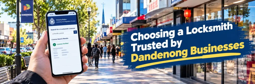Hand holding phone showing Victoria Police Licensing and Regulation Division locksmith licence verified search result on active Dandenong Lonsdale Street multicultural commercial boulevard with Dandenong banner visible