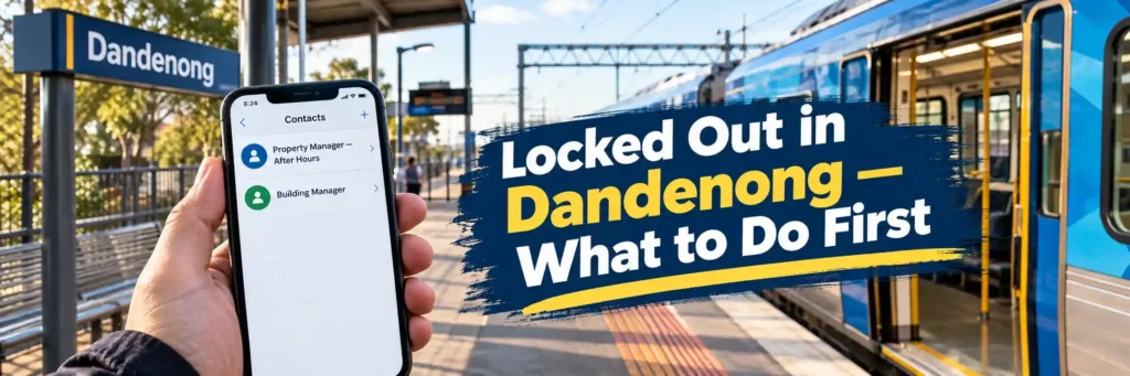 Hand holding phone showing Property Manager After Hours and Building Manager saved contacts at Dandenong Station platform with Melbourne train doors open and Dandenong station sign visible