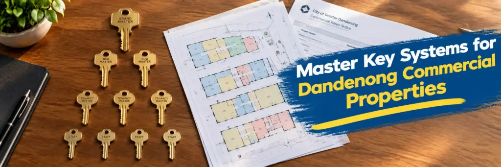 Master key system hierarchy for Dandenong commercial property showing grand master sub-master tenancy master and staff keys arranged beside multi-tenancy building floor plan and City of Greater Dandenong commercial rates notice